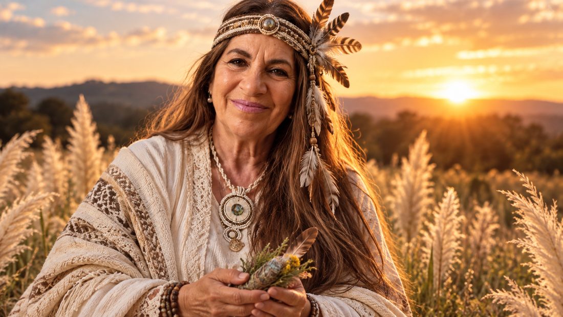 La Lic. María Beatriz Gallicchio en un pastizal al atardecer, sosteniendo un atado de salvia con plumas entre las manos