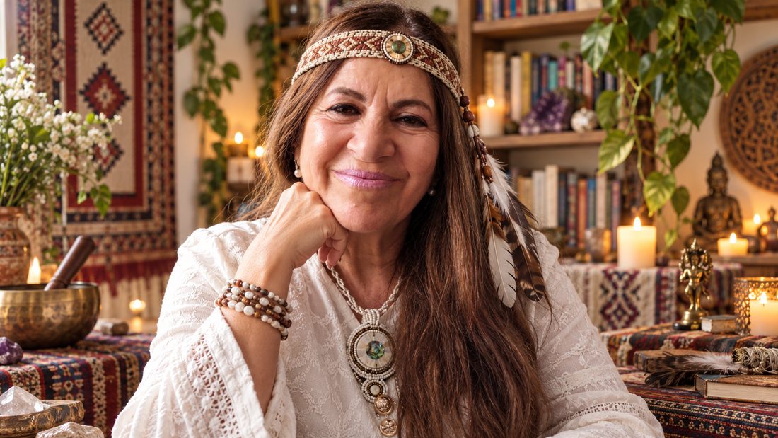 La Lic. María Beatriz Gallicchio sonriendo en un espacio con tapices, libros, velas y plantas, con vincha tejida y plumas