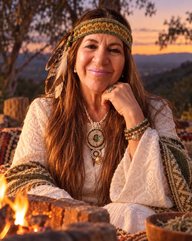 La Lic. María Beatriz Gallicchio al anochecer, sentada junto al fuego, con vincha tejida con plumas, ropa blanca bordada y un medallón; sonríe con la mano en el mentón