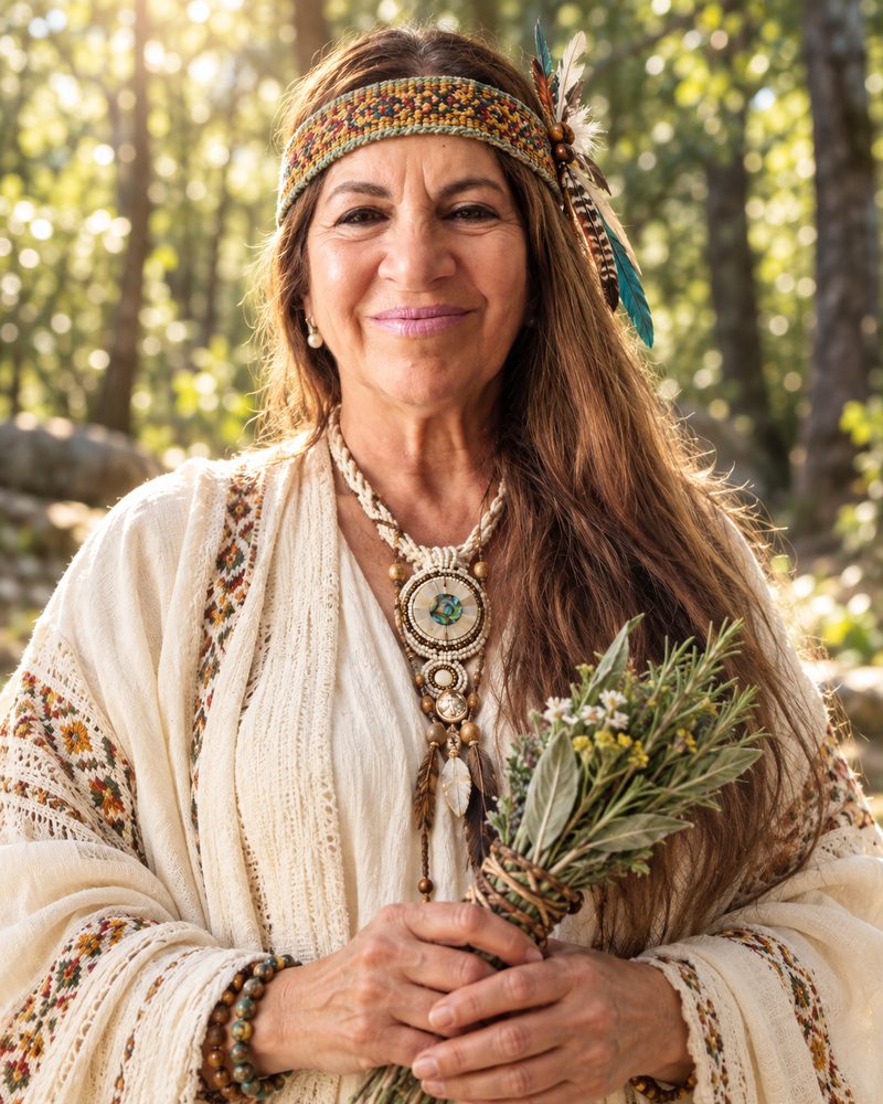 La Lic. María Beatriz Gallicchio en un bosque luminoso, sosteniendo con las 2 manos un atado de salvia y hierbas