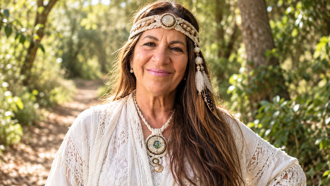 La Lic. María Beatriz Gallicchio sonriendo en un sendero del bosque, con vincha con plumas, ropa blanca y medallón